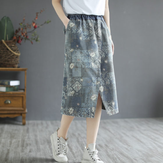 Autumn Floral Cotton High Waist Split Denim Skirt New Slim-fit Slimming Loose All-match Casual Mid-length Skirt
