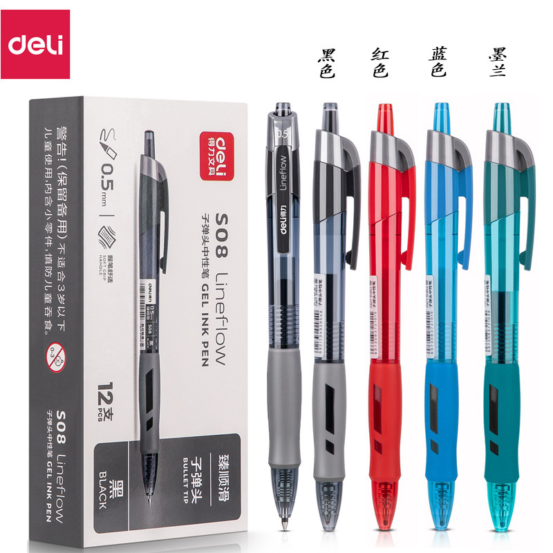 Deli S08 Retractable Gel Pen 0.5mm Blue-Black Bullet Tip Doctor's Prescription Pen Student Office Stationery Pen