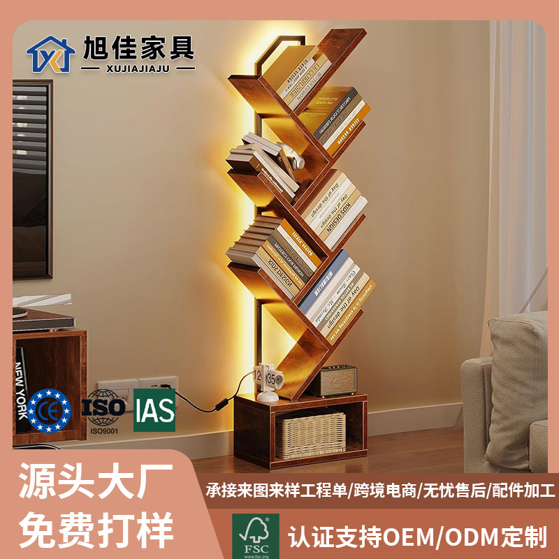 Tree-Shaped Bookshelf, Wall-Mounted Storage Rack, Corner Storage Rack with Color-Changing Light, Multi-Layer Creative Bookcase Display Rack for Home Use