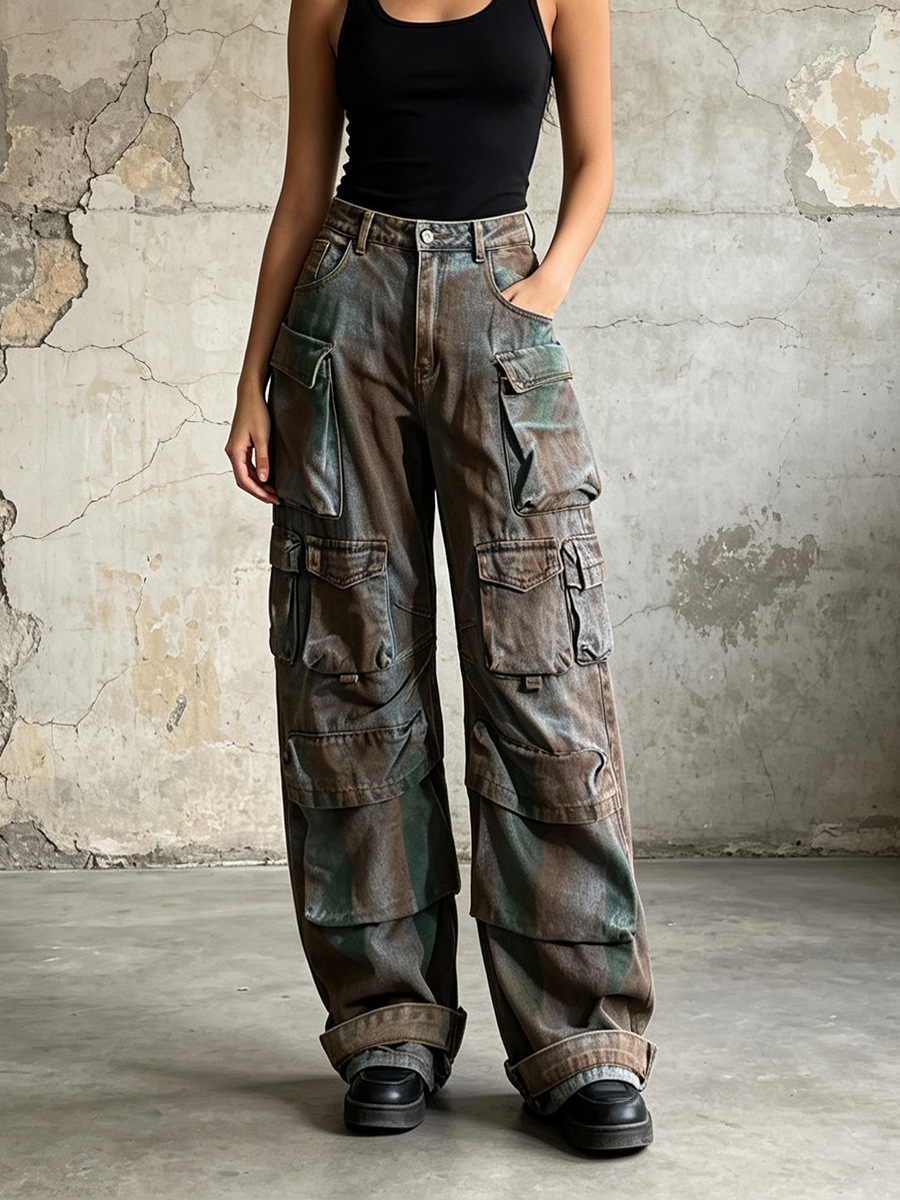 Pantalones largos de estilo workwear a la moda, nuevo modelo de otoño 2026 con diseño de bolsillos de patchwork de alta gama, jeans de cintura alta que estilizan la figura para mujer.
