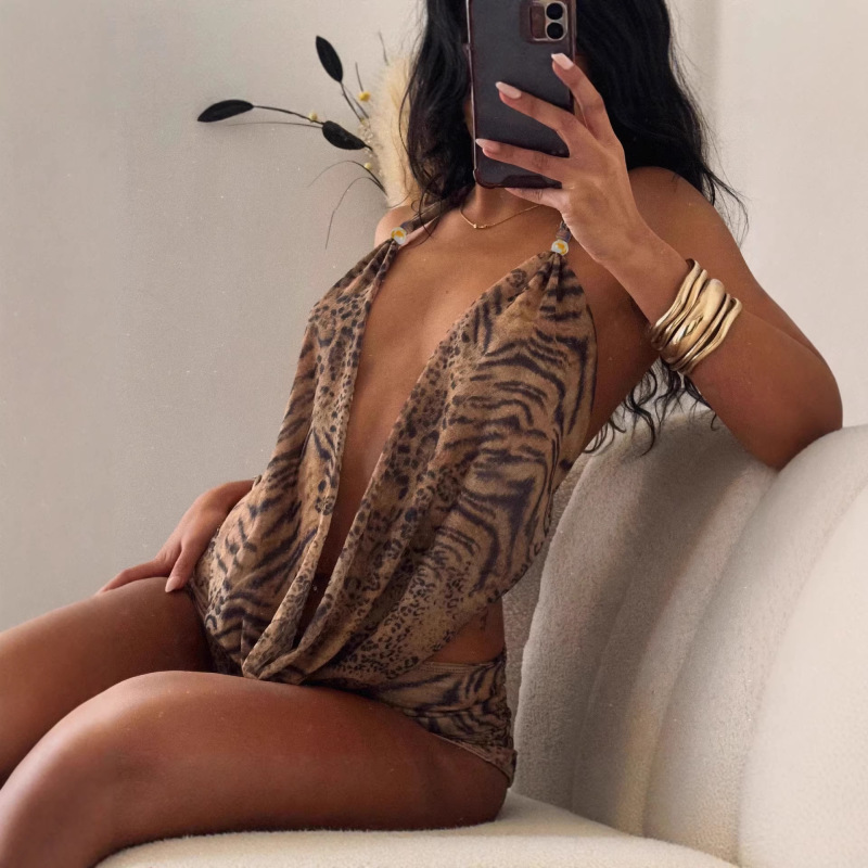 Y2K Cross-Border European and American Sexy Hot Girl Style Leopard Print Halter Neck Strap Shorts Set Plus Size