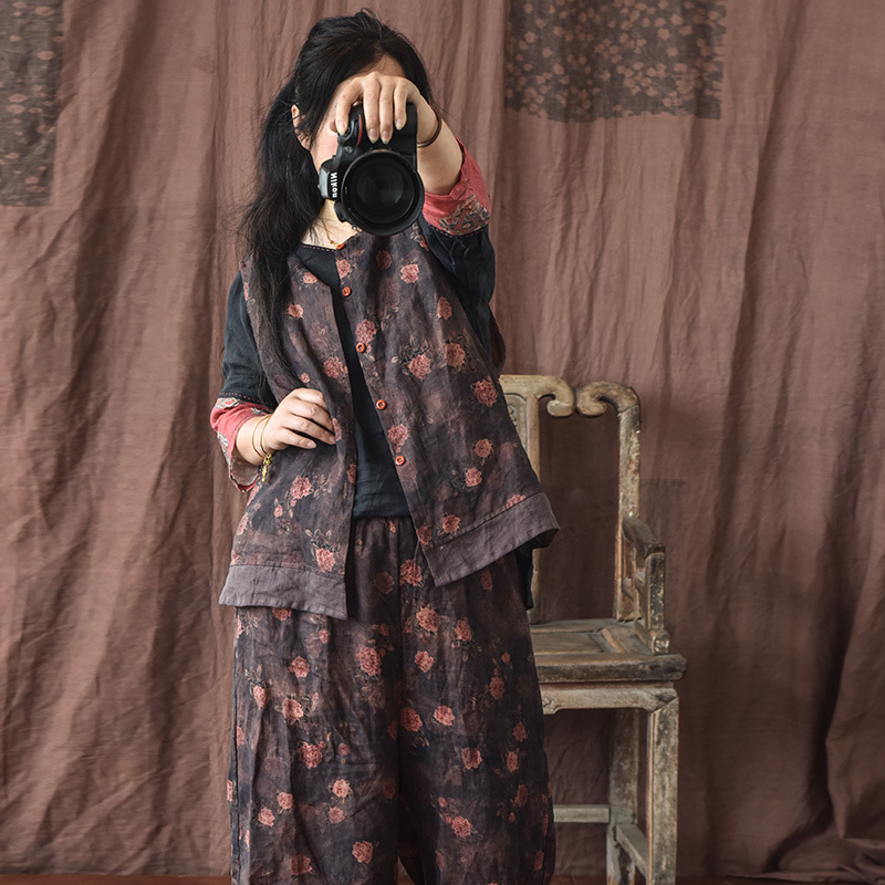 Liuyi/homemade linen printed women's vest art cardigan patchwork waistcoat sleeveless contrast color vest Liuyi/homemade linen printed women's vest art cardigan patchwork waistcoat sleeveless contrast color vest