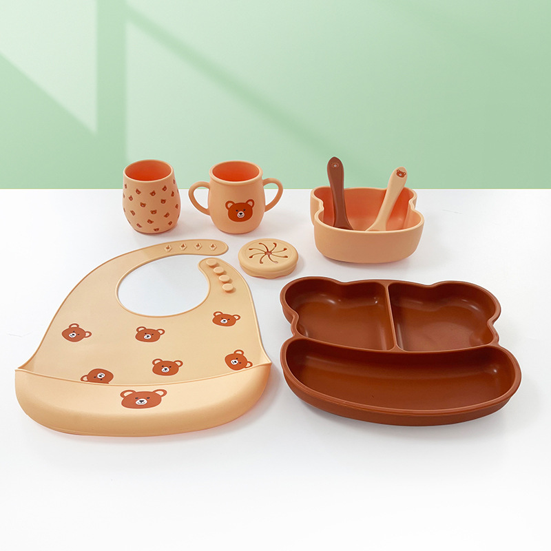 Amazon Children's Silicone Plate Bear Plate 7-Piece Set Food-Grade Shockproof Children's Plate Snack Bowl