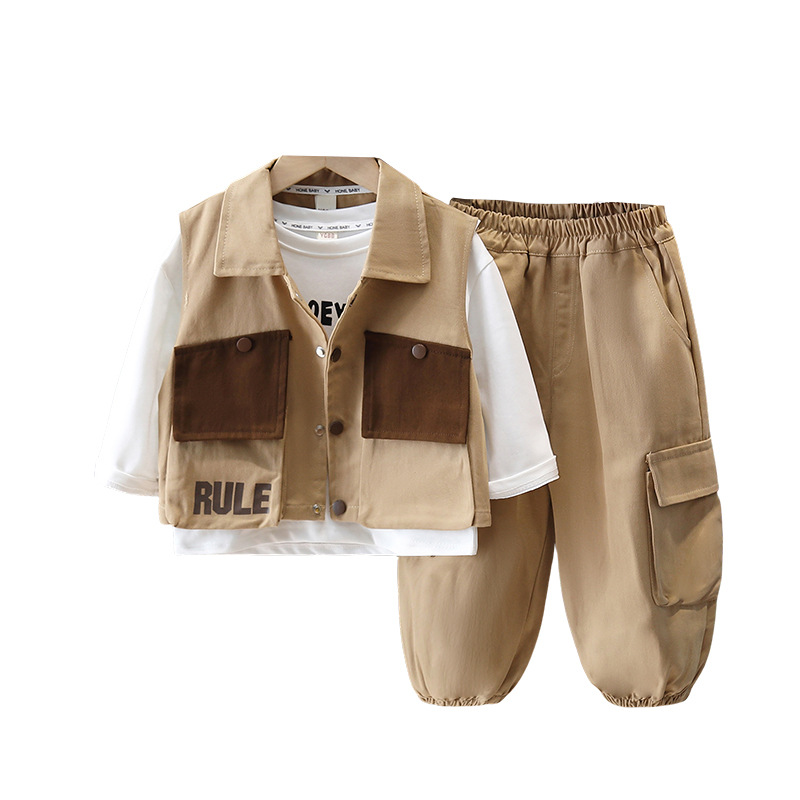 5876 Traje de otoño para niños 2025 Nuevo estilo primavera y otoño Chaleco para niños Ropa de trabajo Traje de tres piezas para niños y bebés