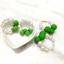 韓國復古個性珍珠圓圈耳環女銀針高級感綠色珠子歐美耳飾爆款批發