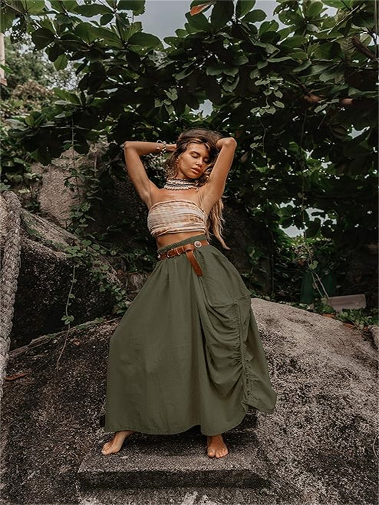 European American Women's Casual 2024 New Style, Bohemian Loose-fitting Versatile Long Skirt With Drawstring And Large_voghion.com