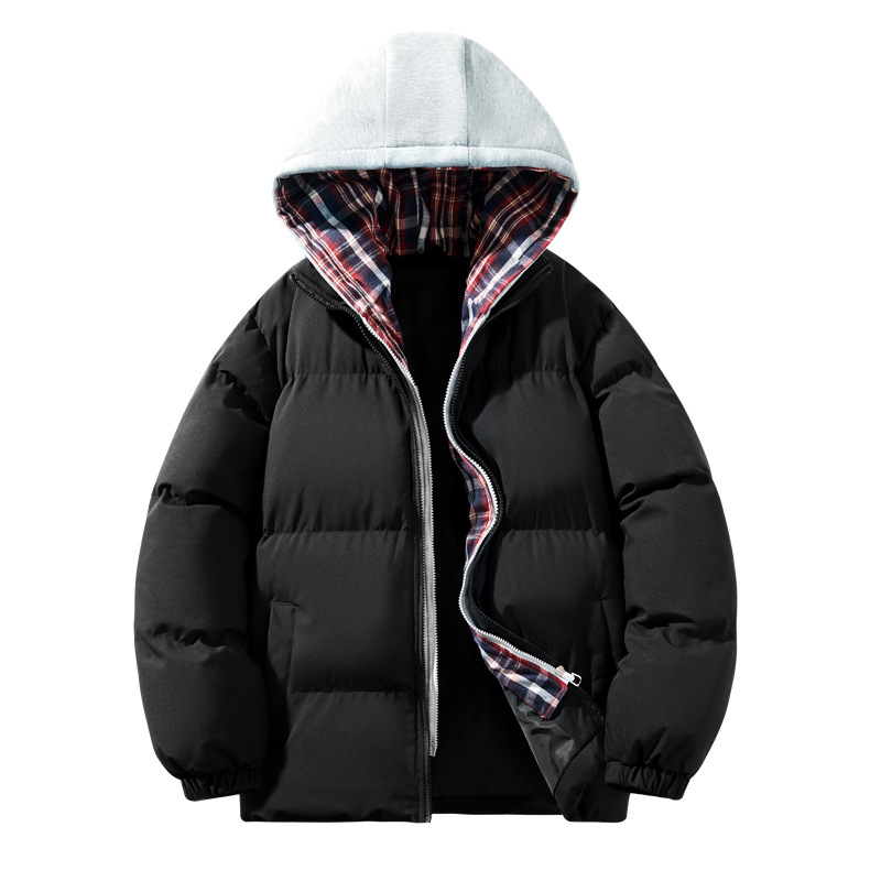 学院风宽松情侣装冬季棉服男女潮牌加厚假两件红蓝格连帽棉衣外套