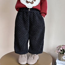 女小童冬季时尚洋气黑色波点加绒裤2025秋冬新款小女孩保暖宽松裤