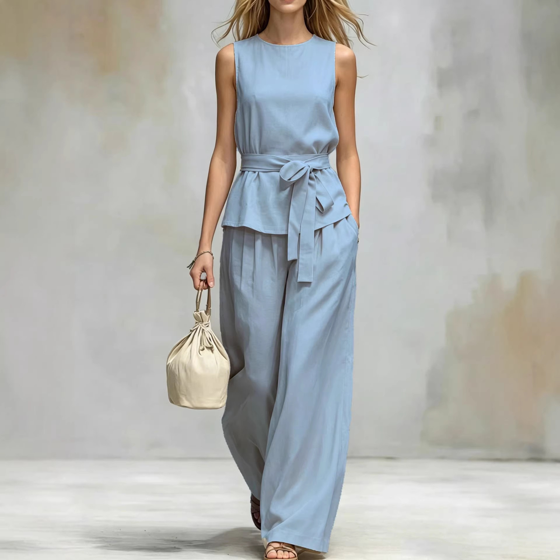 Women's Clothing Women's Spring Summer Two Piece Set Sleeveless Top And Belted Pants Casual Solid Color Style_ecoleips.com
