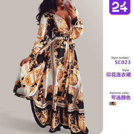 2025跨境跨境晚礼服欧美印花连衣裙 V领套头复古长袖大摆开叉长裙