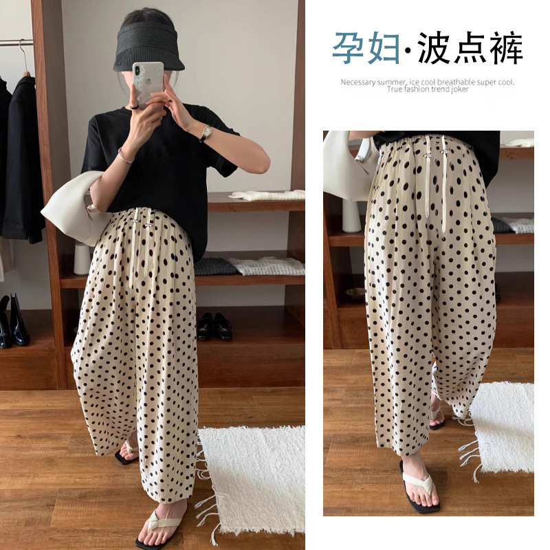 Pregnant women can wear ice silk wide leg pants summer thin high waist straight loose wave dot chiffon casual pants