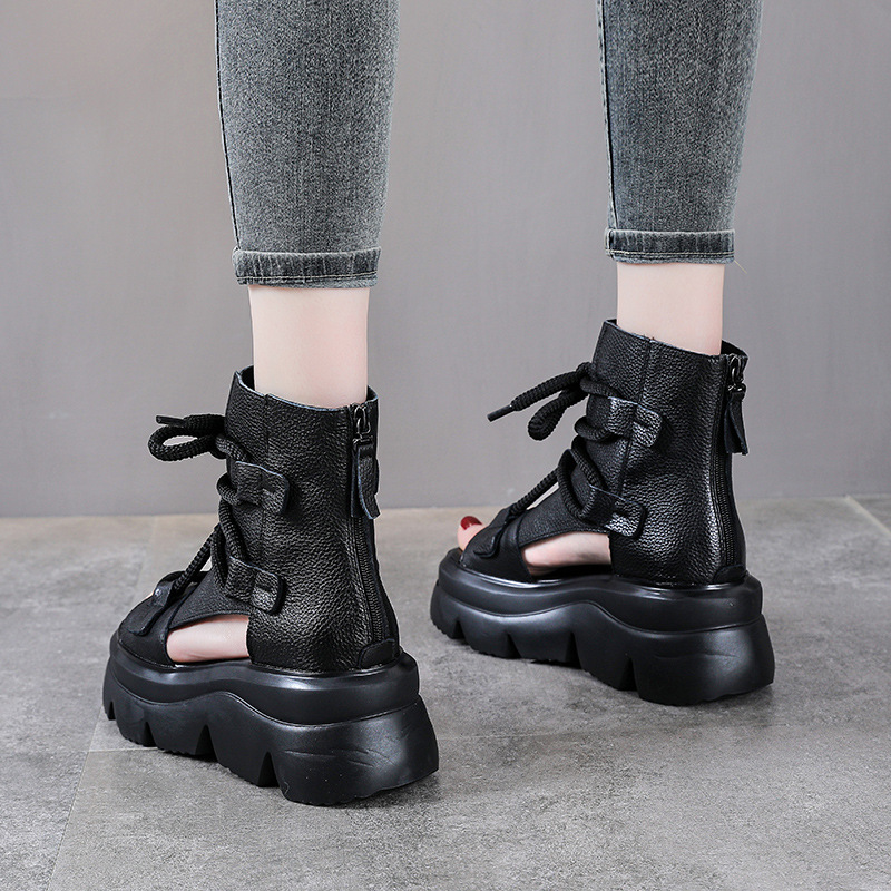 Sandal cao gót nữ mũi hở phong cách La Mã đế xuồng da thật quai buộc cổ điển — màu đen