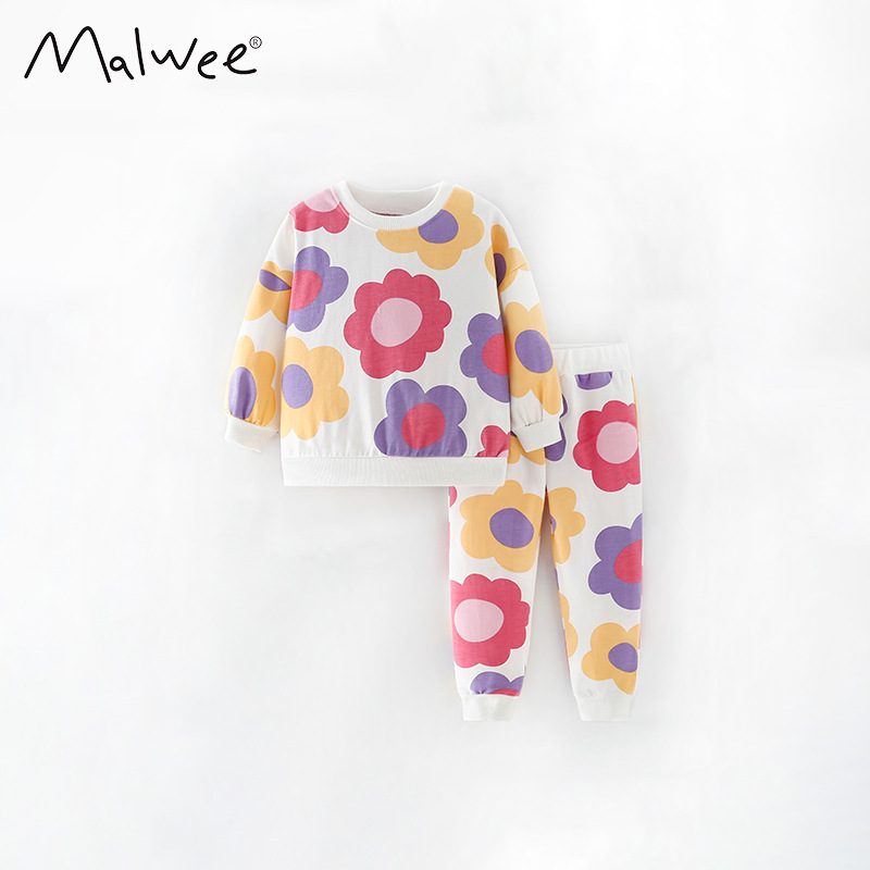 En stock malwee niñas traje otoño nuevo europeo y americano niños casual impreso pantalones de manga larga conjunto de dos piezas