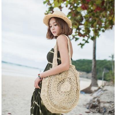 New style lace crochet bag, round straw bag, Korean sunflower women's bag, beach vacation leisure bag 