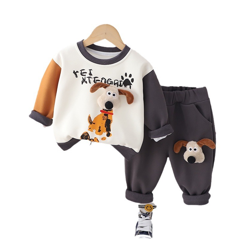 Vêtements de printemps pour garçons et filles, dessin animé de chiot 3D, col rond fendu, manches longues, 1 ensemble 2 pièces pour enfants, automne 2024_voghion.com