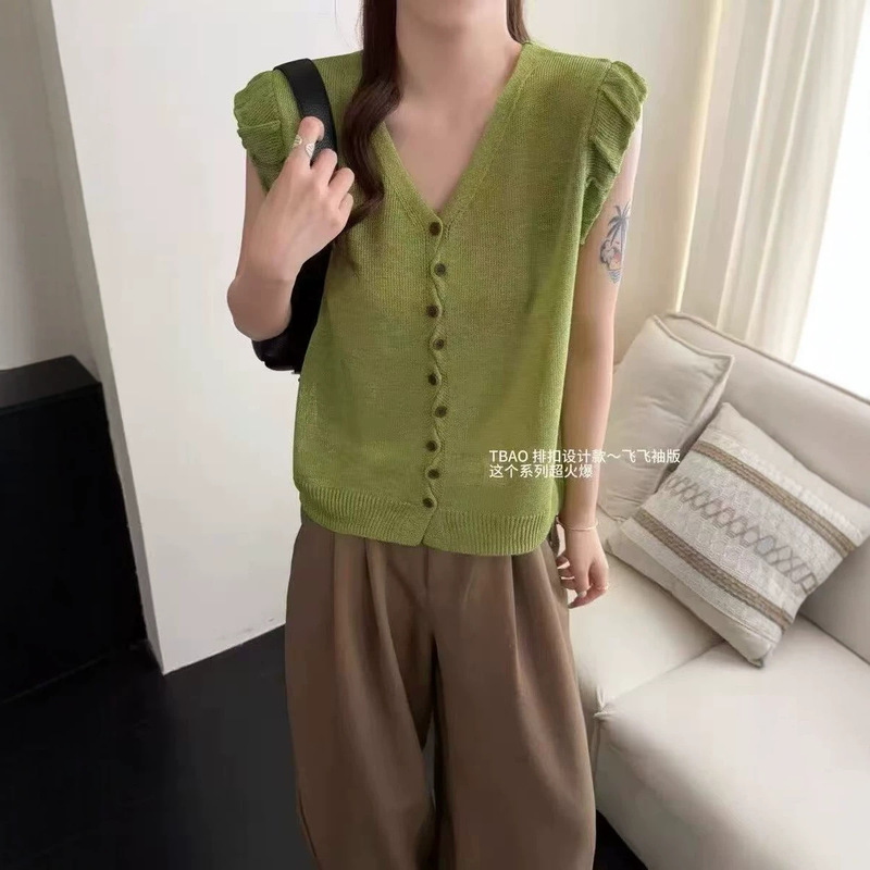 Elegant V-Neck Cardigan Sleeveless Lace Knit Vest for Women, New Summer Style Irregular Buttoned Top with French-Style Flutter Sleeves Elegant V-Neck Cardigan Sleeveless Lace Knit Vest for Women, New Summer Style Irregular Buttoned Top with French-Style Flutter Sleeves