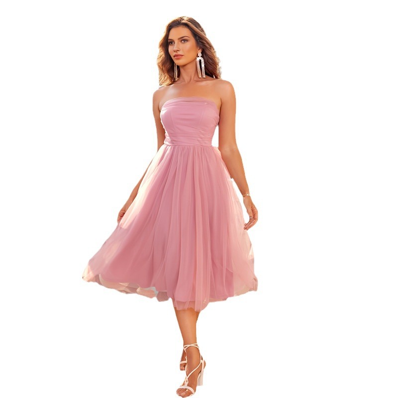 2024 primavera y verano nuevo estilo de alta sensación de malla sin mangas vestido de pecho de moda europea y americana elegante vestido de noche ligero de celebridad