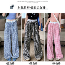 黑白格子阔腿裤女宽松垂感抽绳松紧高腰休闲裤休闲百搭薄款长裤