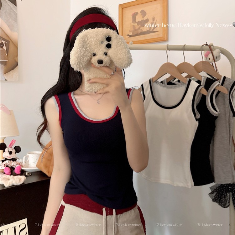 6156 # Versatile Round Neck Contrasting Color Wide Shoulder Strap Vest for Women with Breast Pads Slim Short Bottoming Sleeveless Top