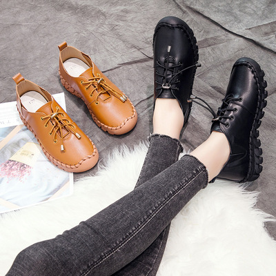 厂家批发2020新款软底单鞋女系带圆头平底舒适秋款休闲鞋|ru