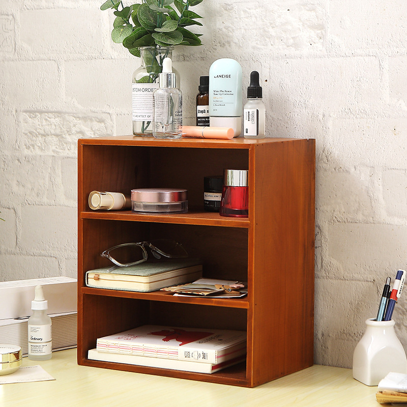Solid Wood Retro Three-Layer Desk Bookshelf File Storage Rack Storage Box Cosmetics Blind Box Hand-Made Display Cabinet
