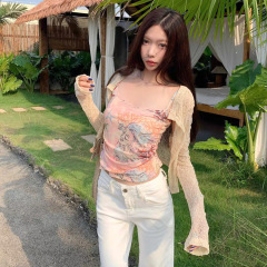 966+967#初秋新款两件套蕾丝外套加涂鸦印花背心女修身带胸垫百搭