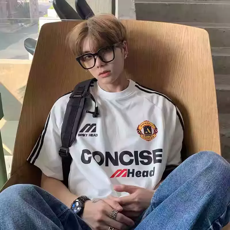 美式复古条纹运动机车短袖T恤男夏季新款休闲潮流宽松体恤衫上衣