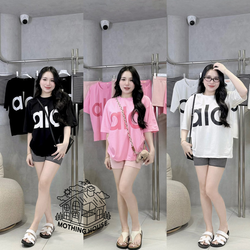 Women's Fashion Suit Summer New Alo Letter Printed Short-Sleeved Stripesd Tight Shorts Sports Set Ins