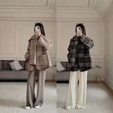 双面可穿！羊毛/羊绒混纺~英伦格纹 斗篷式毛呢大衣+围巾G102124