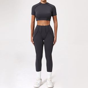 Qiusha Europe and America Naked Yoga suit Quick-drying Tight Short-sleeved Sports Fitness Wear Running suit 4510 87652