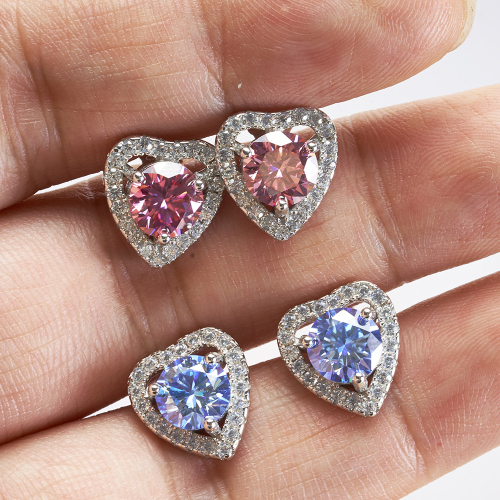 S925 plata esterlina diamante de diamante de diamante rosa en forma de corazón azul azul azul verde azul 1 quilate plata esterlina pendientes de piedra de moissan
