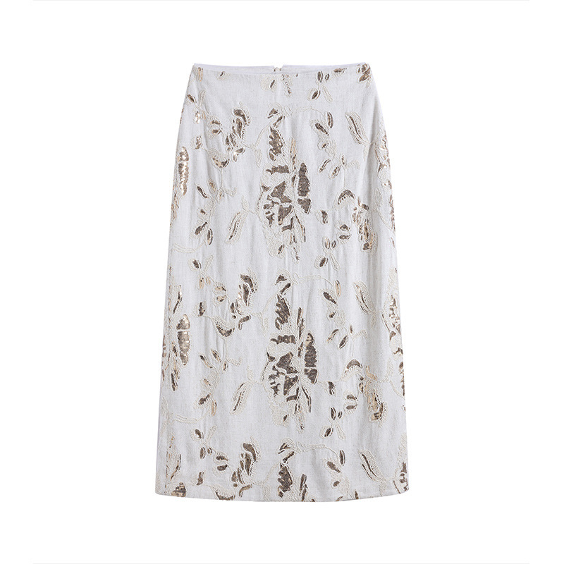 High-End Embroidered Sequined Linen Skirt for Women, 2026 Early Spring New Style, Elegant Socialite Mid-Length Straight Skirt