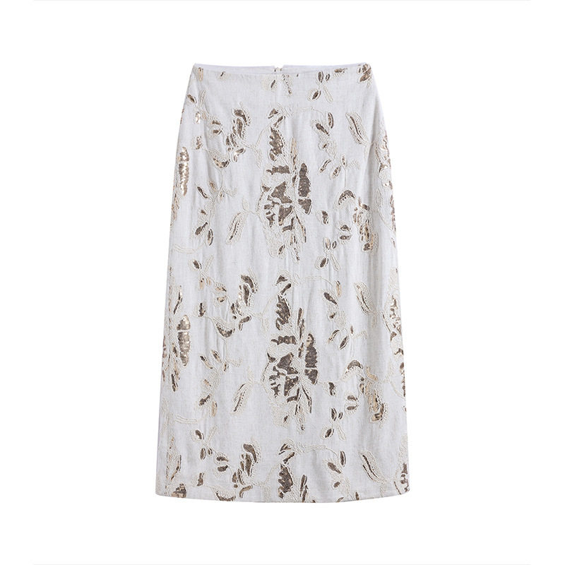 Chân váy linen nữ dáng suông dài vừa, thêu đính kim sa công phu, phong cách quý cô thanh lịch — Màu be