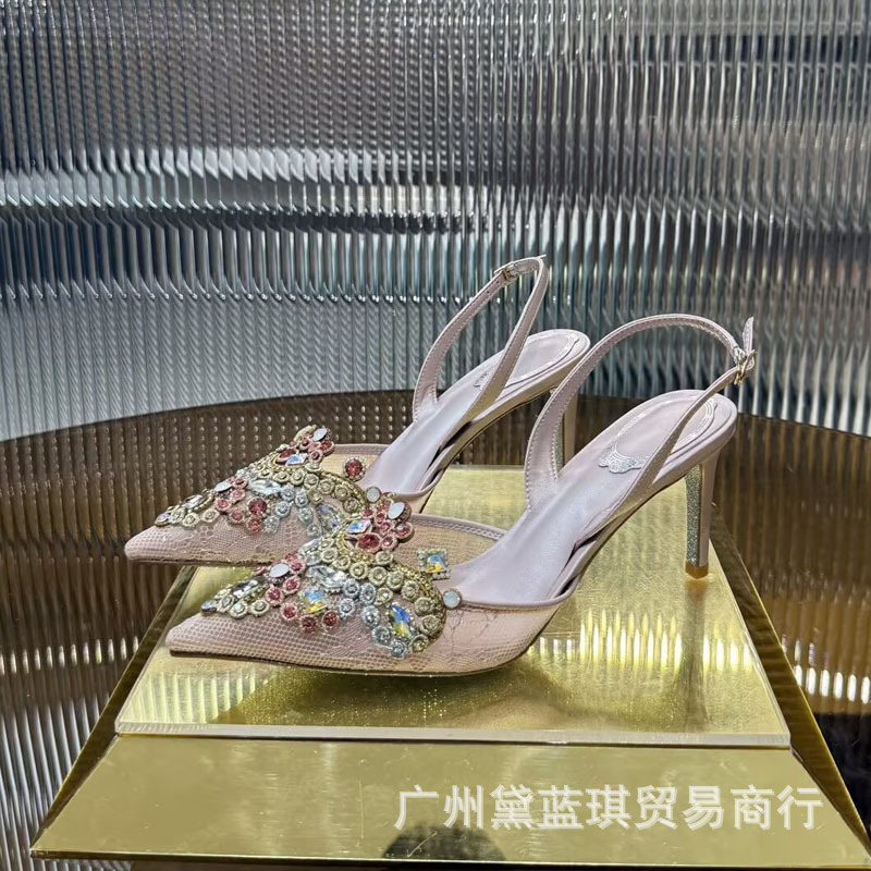 rc宝石尖头高跟鞋女真皮气质后绊带网纱单鞋细跟浅口秀禾伴娘婚鞋|undefined