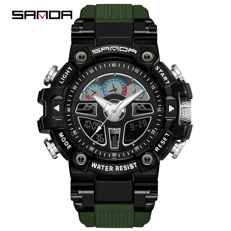 Sanda hasta mano luz reloj negro tecnología multi-funcional volante deportes volante reloj de alarma impermeable reloj masculino 3156