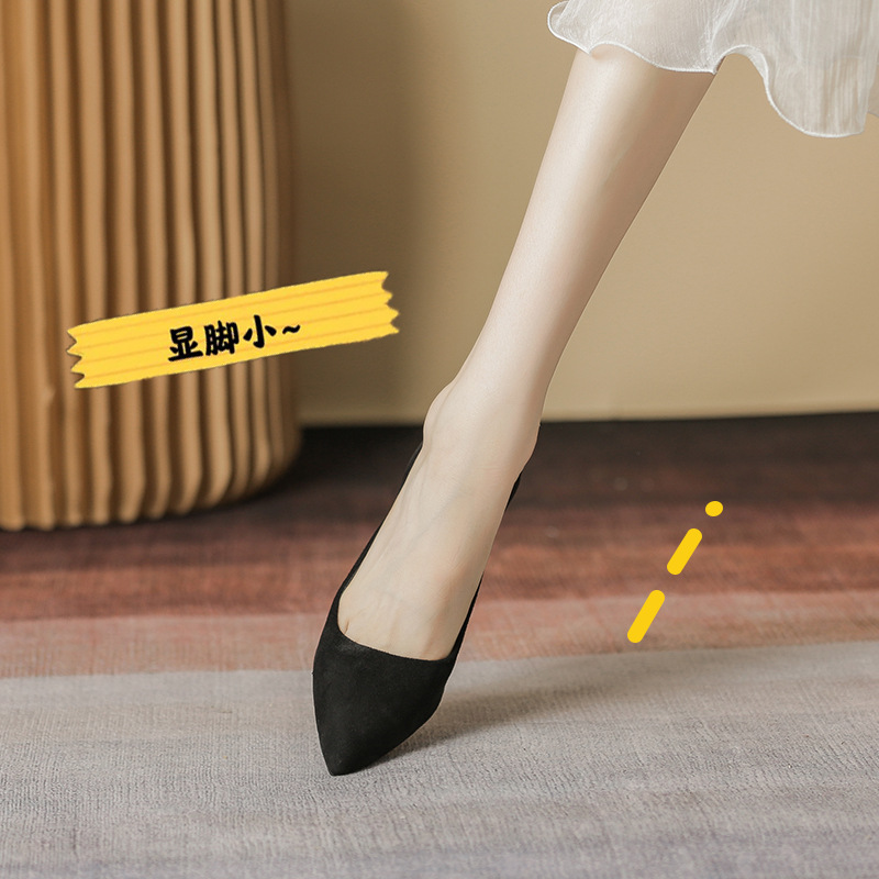 Etiquette High-Heeled Shoes for Female Students, Professional Shallow Breath, Stiletto Heel, Pointed Toe, Black Suede Work Versatile Shoes