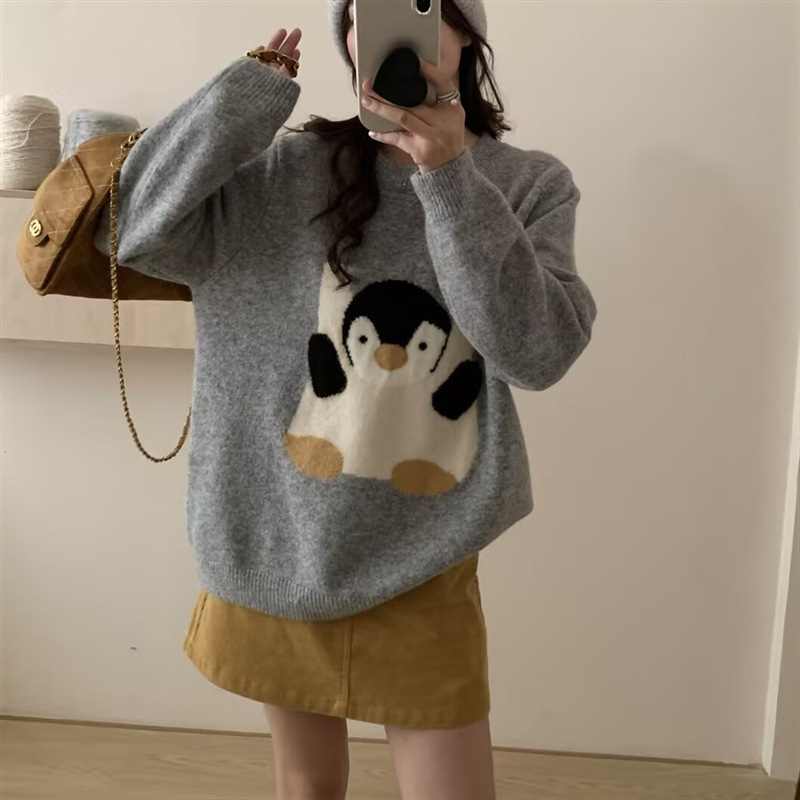 韩系卡通提花圆领套头毛衣针织衫女秋冬新款宽松软糯上衣外穿女潮