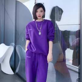 小众感运动休闲穿搭套装冬季撞色圆领套头加厚卫衣女装两件套