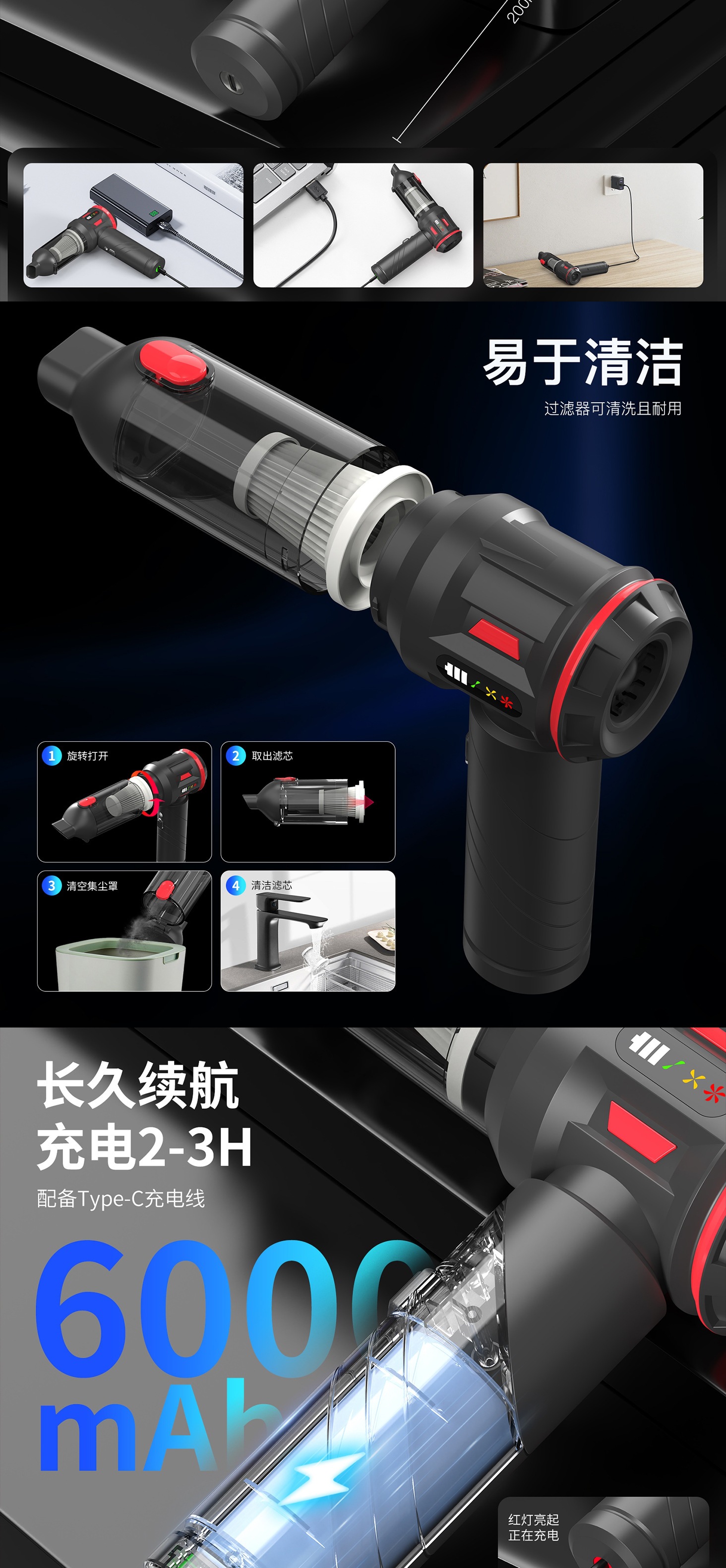 Car-Mounted High-Suction Vacuum Cleaner with Wireless Power Display, Portable Brushless Motor, Household Handheld Dust Remover and Blower