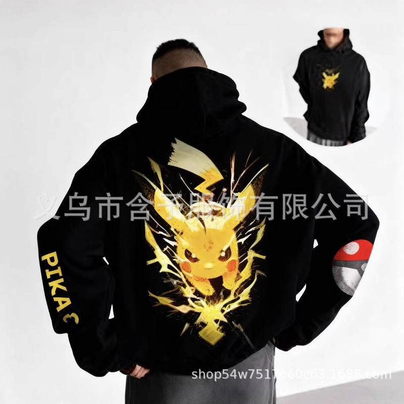 Cross-Border Autumn New Trendy Brand High-End Pikachu Cartoon Digital Printing Men's Sports Trendy Hooded Sweatshirt Cross-Border Autumn New Trendy Brand High-End Pikachu Cartoon Digital Printing Men's Sports Trendy Hooded Sweatshirt
