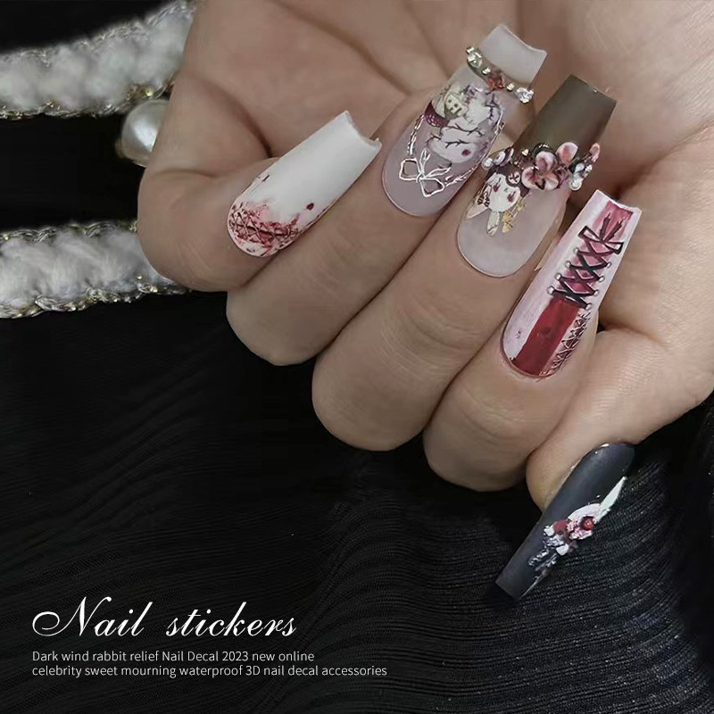 Papel adhesivo de uñas en línea popular conejo oscuro conejo violento estilo gótico chica caliente desgaste pegatina de uñas alivio tridimensional
