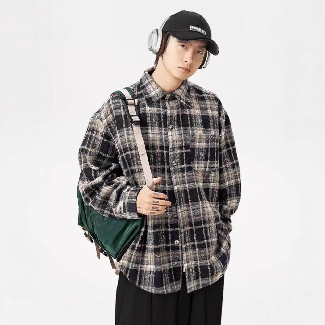 American heavyweight retro classic plaid shirt, high street trendy brand long-sleeved shirt, spring and autumn cool casual jacket for men.