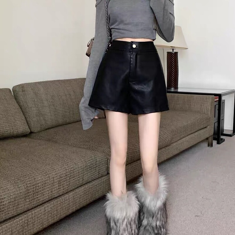 Black PU leather pants women's autumn and winter hot girl high waist slimming elegant socialite A- line casual wide leg shorts outer wear boot pants