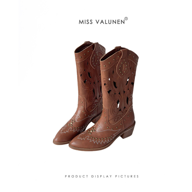 2026 Summer New Style Rivet Hollow-Out Western Cowboy Boots Rivet Riding Boots Western Boots Xinjiang Boots for Women