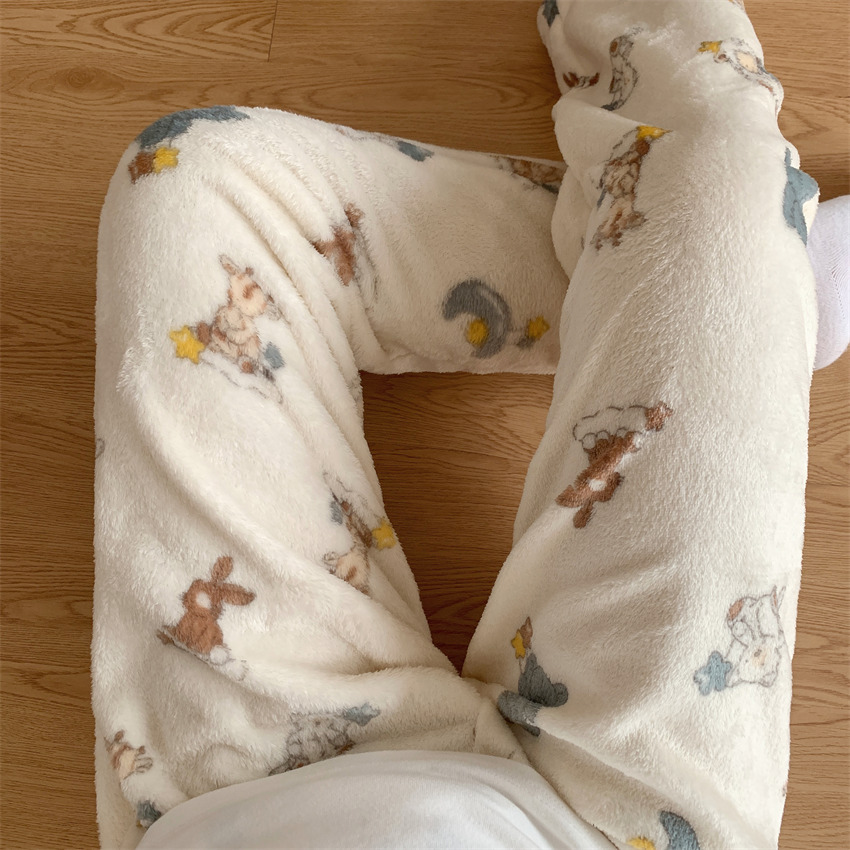 2025 otoño y invierno de flanela de dibujos animados pantalones de pijama individuales gruesos calentados pantalones caseros lindos pantalones