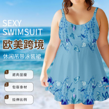欧美跨境吊带无袖挂脖休闲花卉印花短裙带口袋吊带连衣裙现货批发