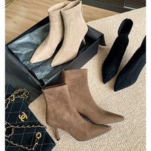 葡萄妈同款2025秋冬新款欧美高跟尖头细跟女靴拉链短筒女士靴子鞋
