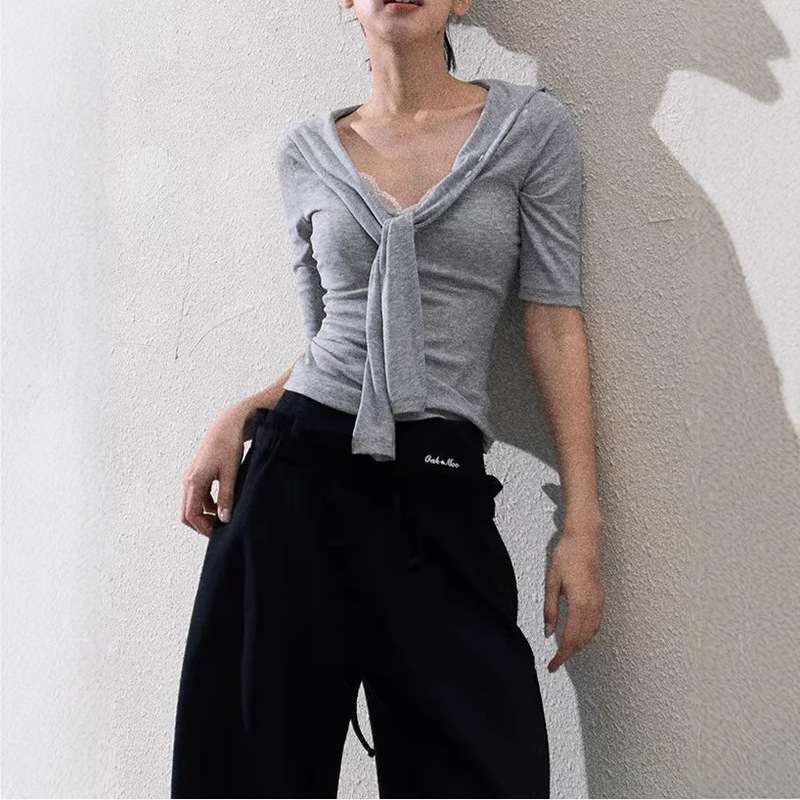 Oakmoo Basic/Original Perceptibility Tencel Tie Knot Slim Waist V-Neck Half Sleeve/Sleeveless T-Shirt Top