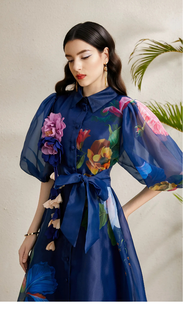 Đầm maxi nữ thắt eo phong cách Pháp tay phồng in hoa lưới — trắng, màu xanh đậm, mơ chi tiết 4