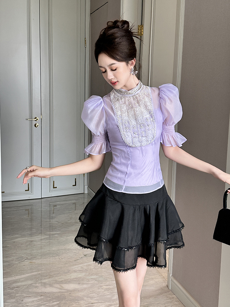Áo kiểu tay phồng đính kim cương thắt eo thiết kế kiểu Pháp — Hoa violet